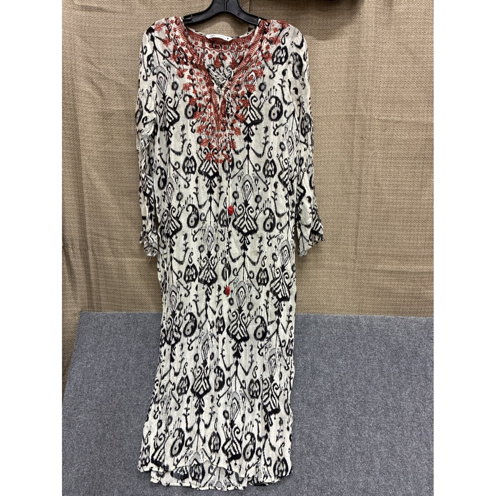 Zara Womens Small Ikat Print Embroidered Lace Up V-Neck‎ Maxi Dress Black White